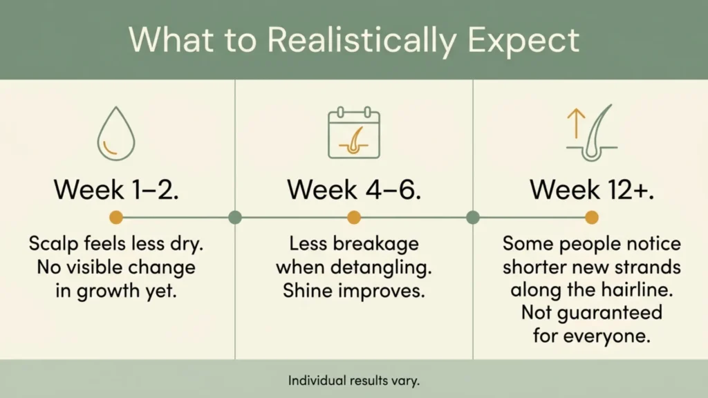 Timeline graphic showing what to expect at week 1, week 4, and week 12 of using hair oil