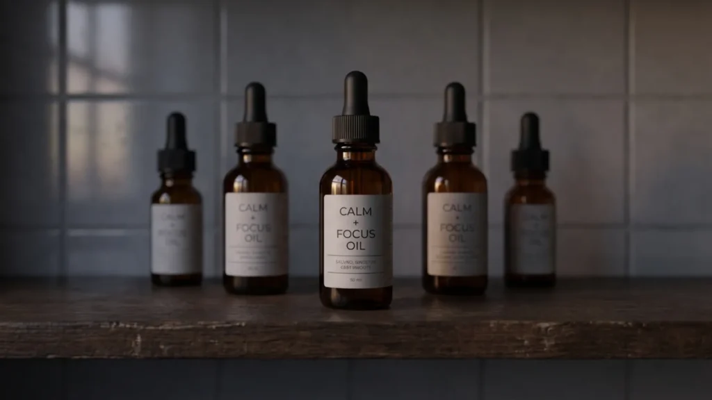 Amber glass bottles of homemade hair oil stored on a shelf away from light