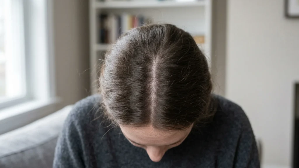Close-up of hair part line showing scalp after using a natural growth serum