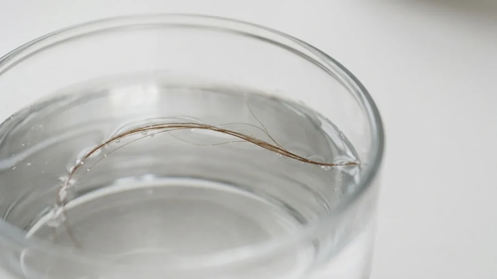 A strand of hair floating in a glass of water to test porosity