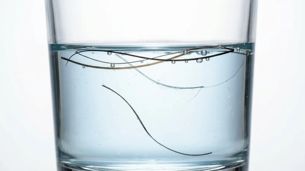 Strands of hair floating and sinking during a porosity water test