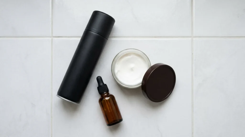 Overhead flat-lay of dry shampoo can, hair butter jar, and oil bottle on bathroom shelf