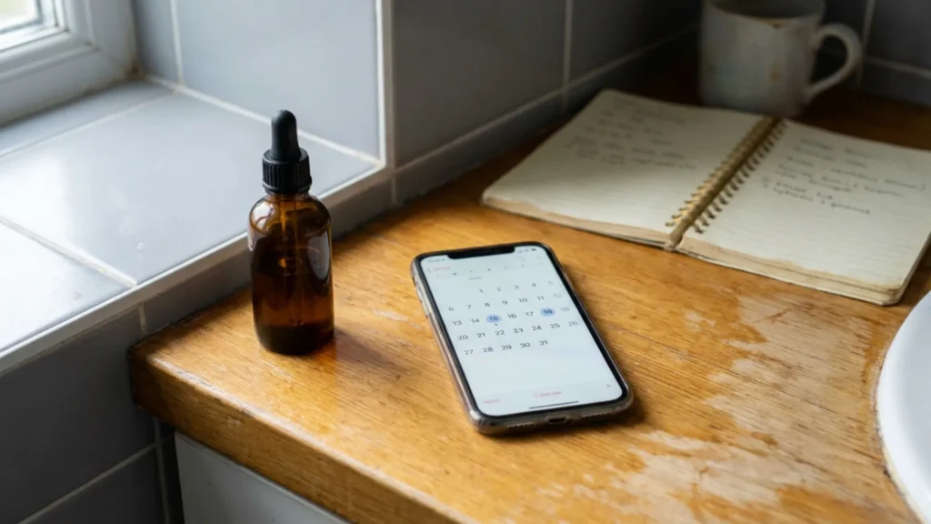 A serum bottle next to a phone calendar for tracking a routine