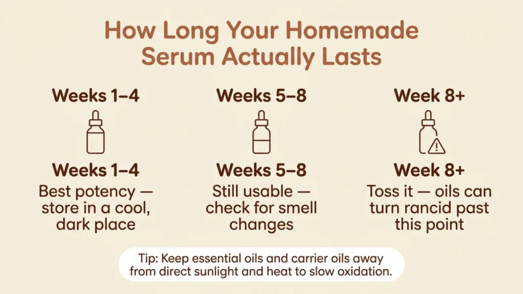 Timeline graphic showing how long a homemade hair growth serum lasts