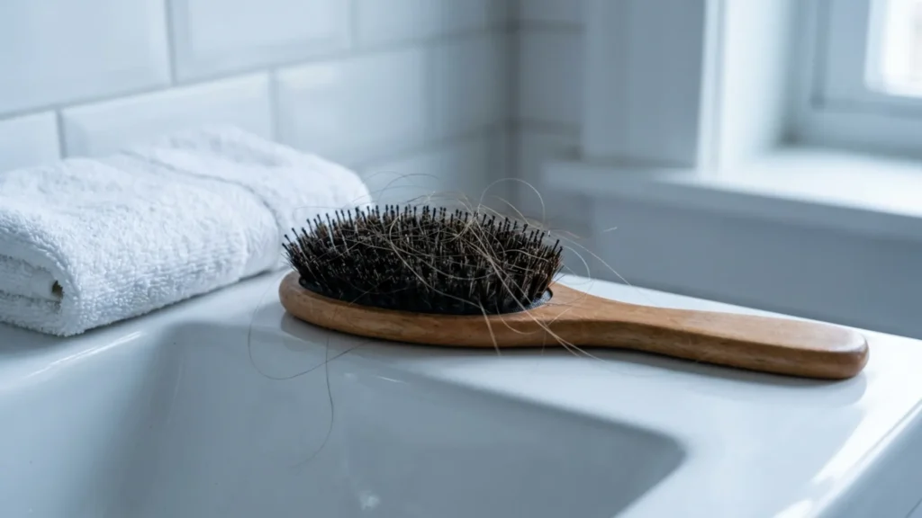 Hairbrush with shed hair strands on a bathroom sink, illustrating hair loss causes