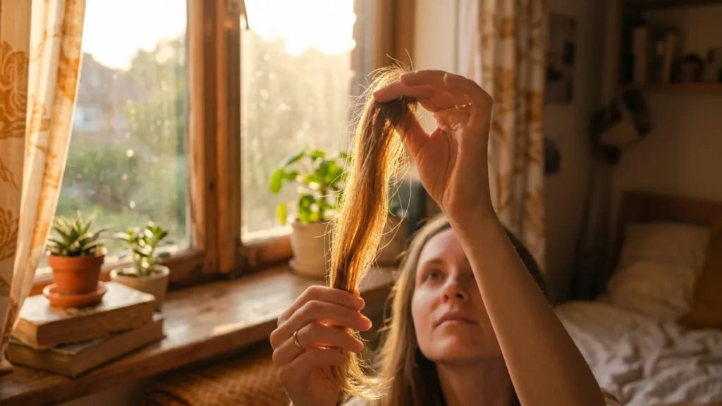 Holding a strand of hair up to natural light to check its thickness