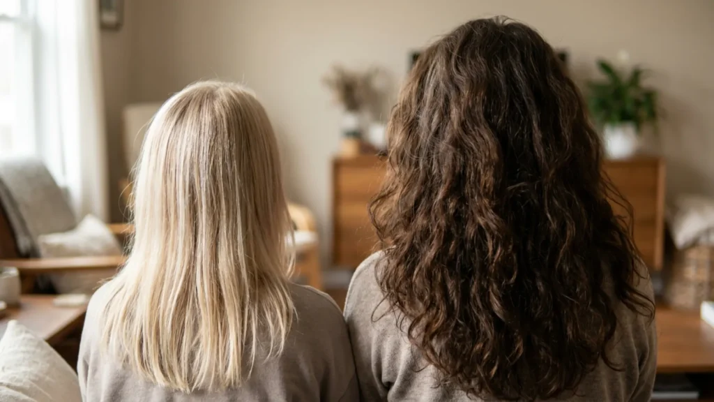 Two different hair textures side by side illustrating genetic variation