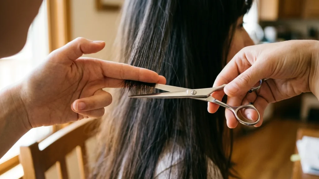 Close-up of long dark hair ends being precisely trimmed with scissors to remove split ends