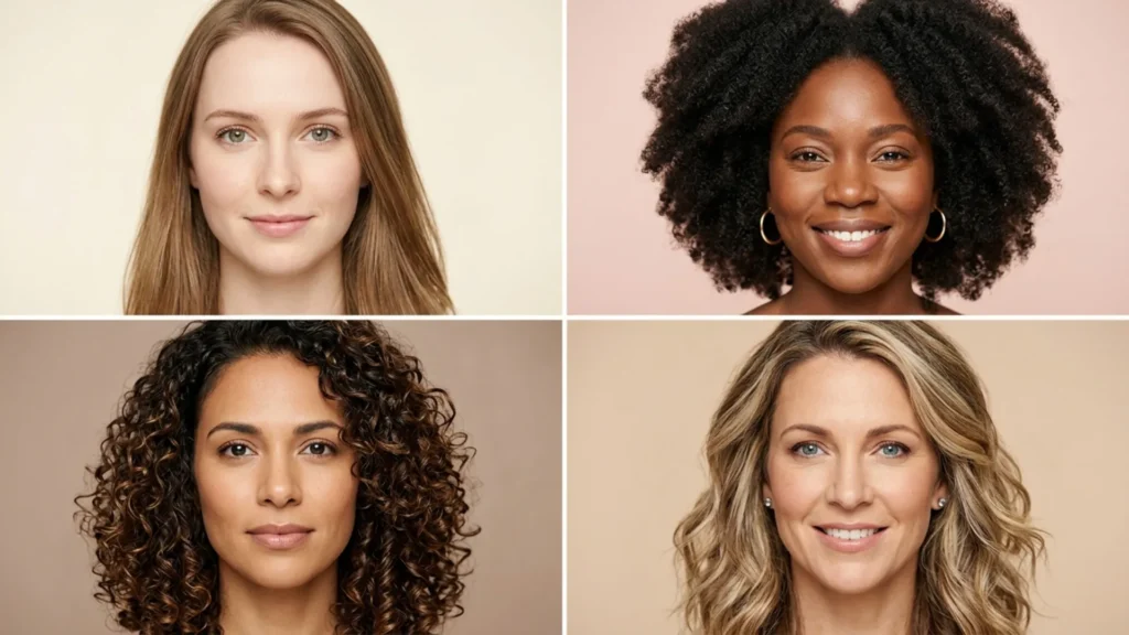 four different hair textures showing how product choices adjust by hair type