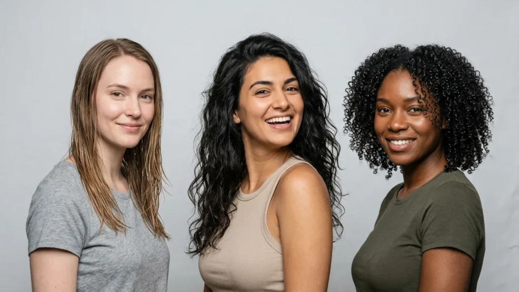 Three women showing fine, thick, and curly hair after washing