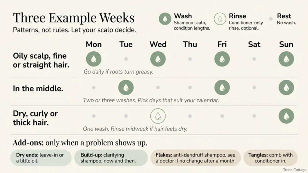 Weekly chart showing example hair-washing patterns for oily, medium and dry or curly hair