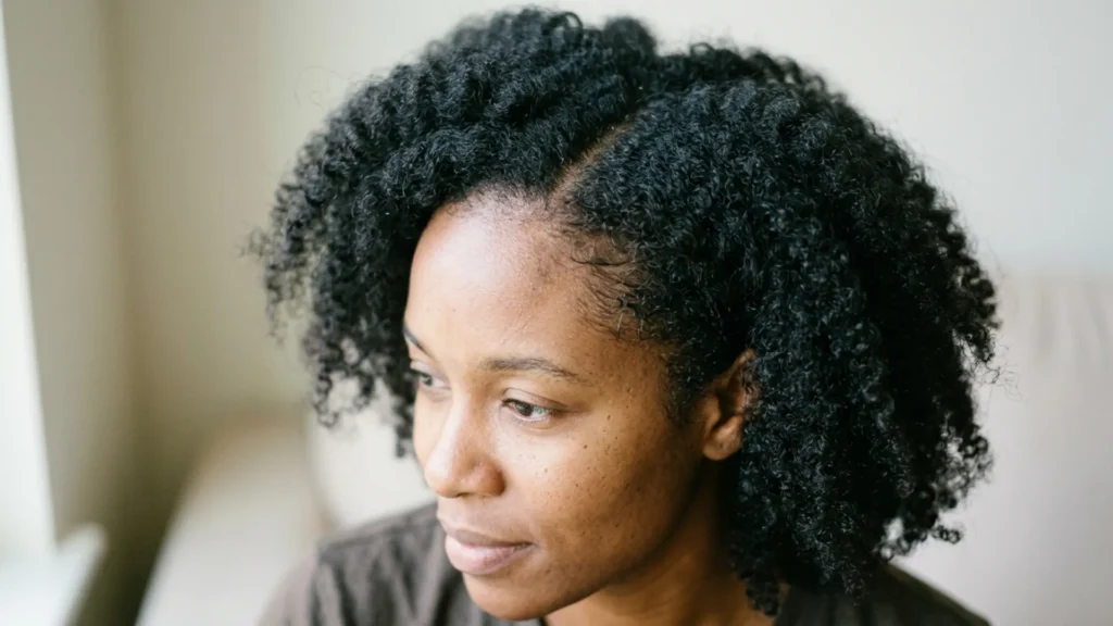 Close-up of dense natural hair at scalp level showing strand fullness from root
