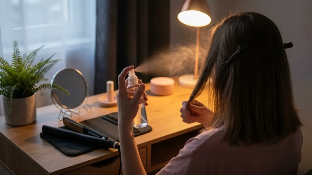 Person seen from behind misting heat protectant onto a section of straight hair at a vanity