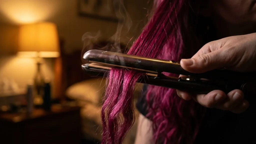 Flat iron heat styling tool held near vividly colored hair strands