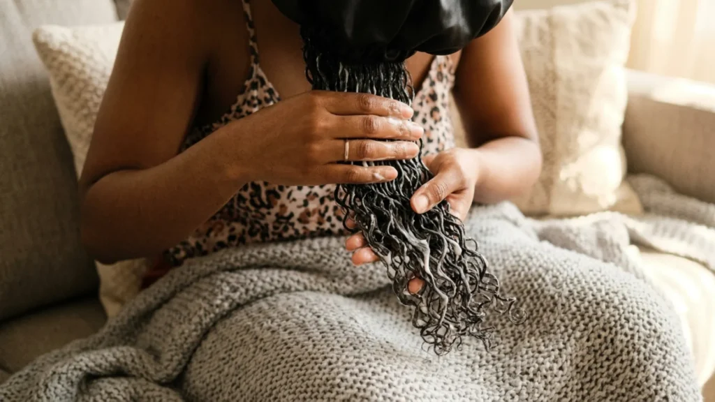 Hands applying thick deep conditioning cream to high porosity curly hair strands with a satin cap