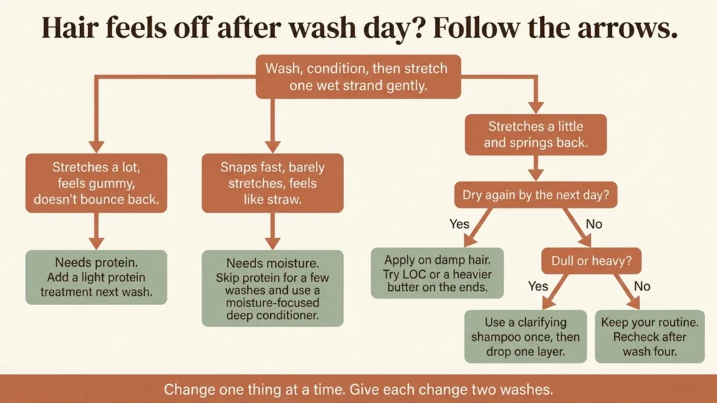 Flowchart showing what to change based on the wet strand stretch test result