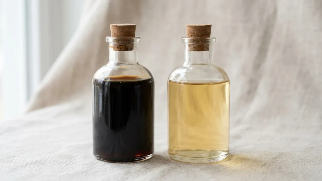 Dark bottle of Jamaican Black Castor Oil beside a pale yellow bottle of cold-pressed castor oil on a light linen surface