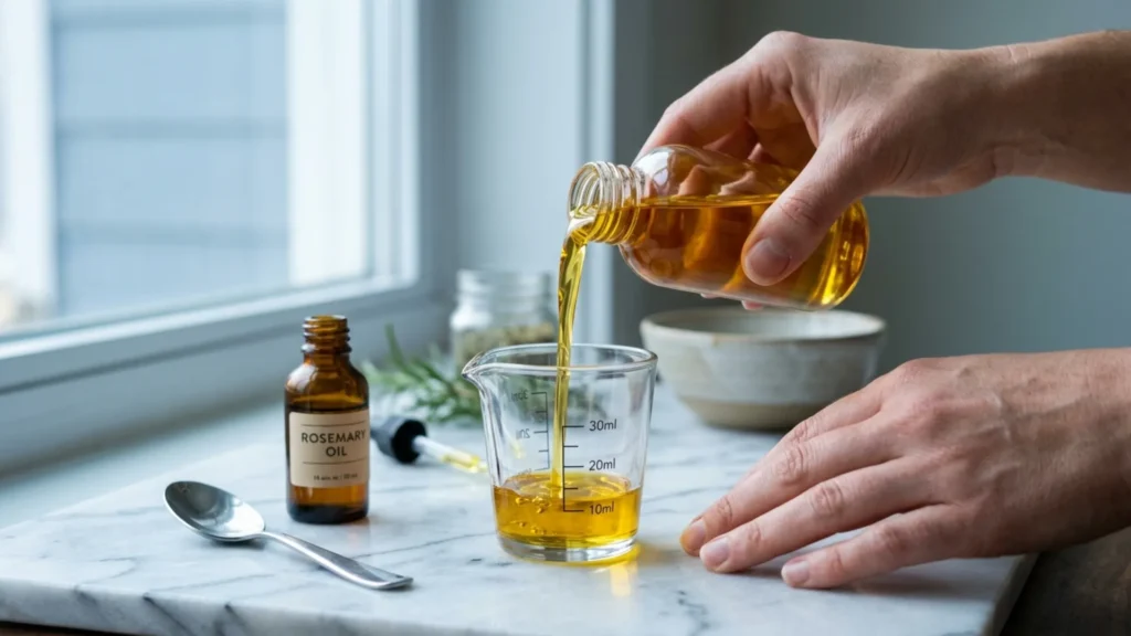 Pouring jojoba oil for a DIY hair growth serum recipe