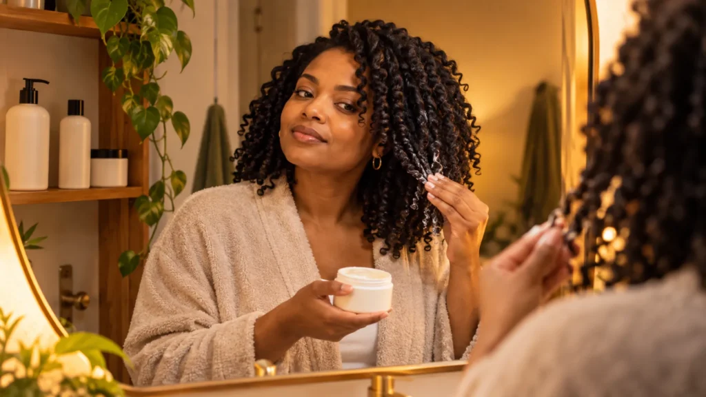 Man with a coily twist-out smoothing leave-in cream through his ends at a bathroom mirror