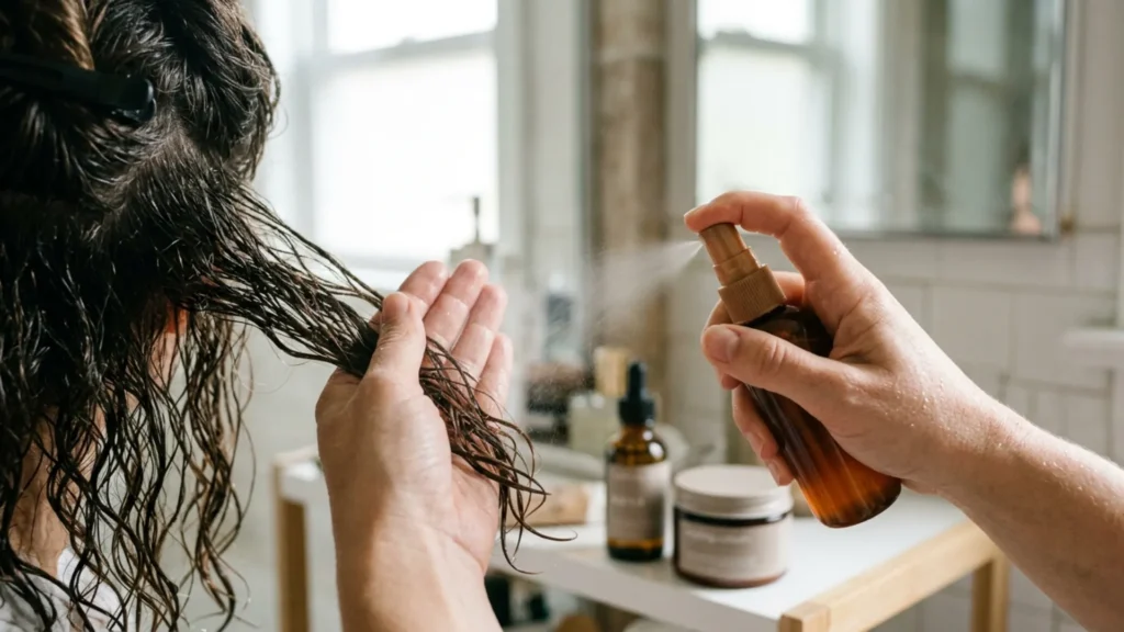 Hands applying leave-in conditioner before styling product and oil