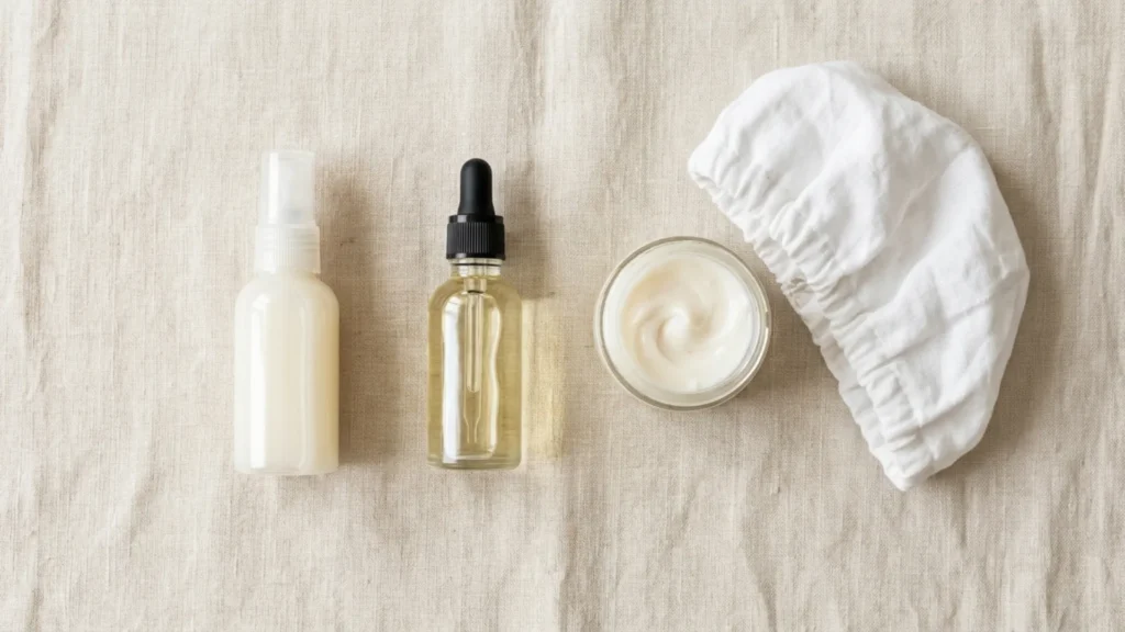 Flatlay of lightweight hair products including spray leave-in and light oil for low porosity hair types