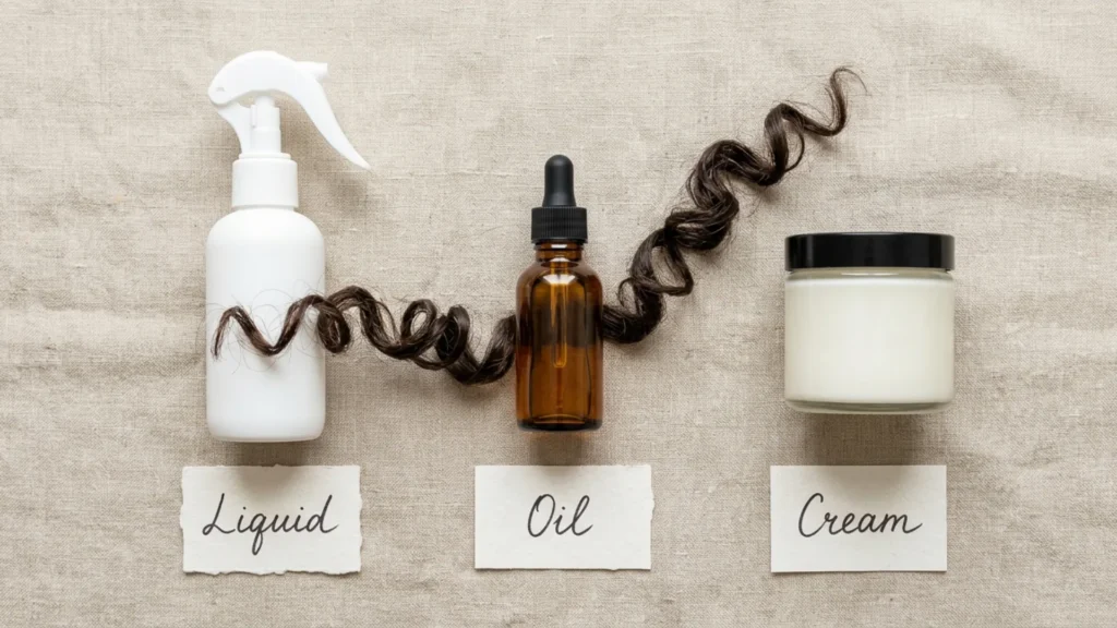 Flat lay of leave-in, oil, and cream arranged left to right in LOC method order on a linen surface