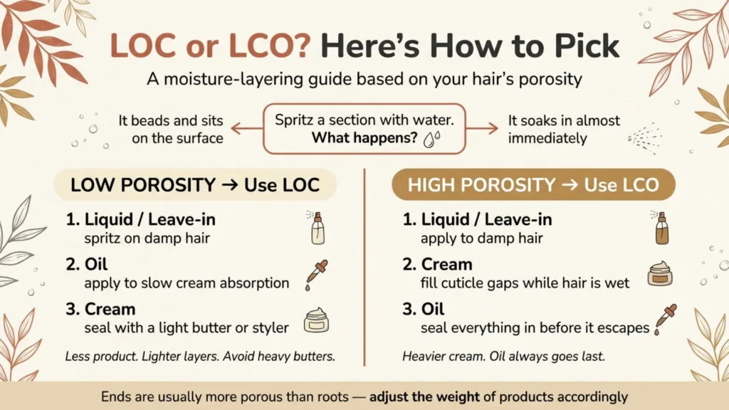 LOC vs LCO method comparison chart for natural hair care routine based on porosity type