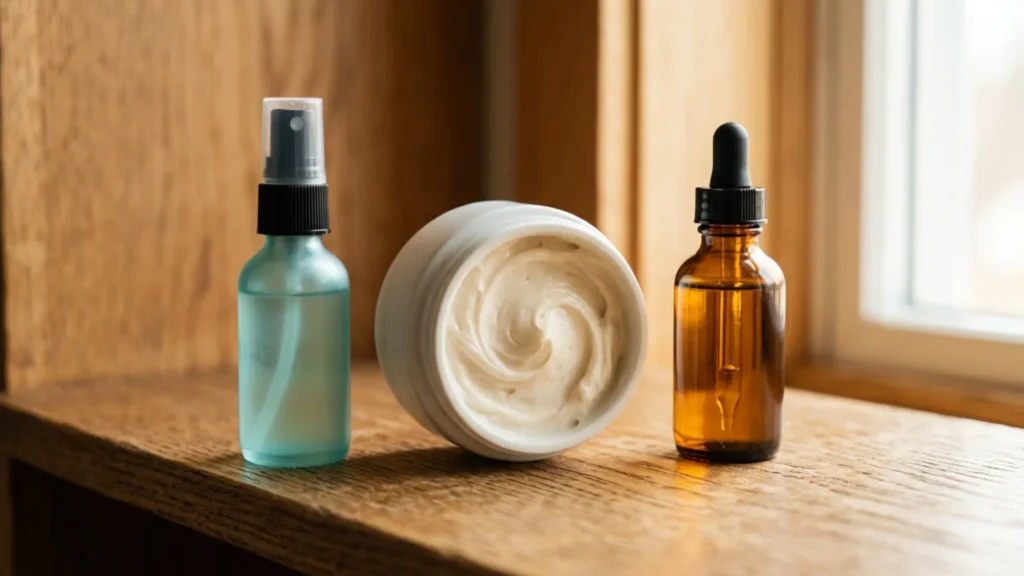 Three post-shower hair products arranged left to right — leave-in spray, cream jar, and amber oil bottle
