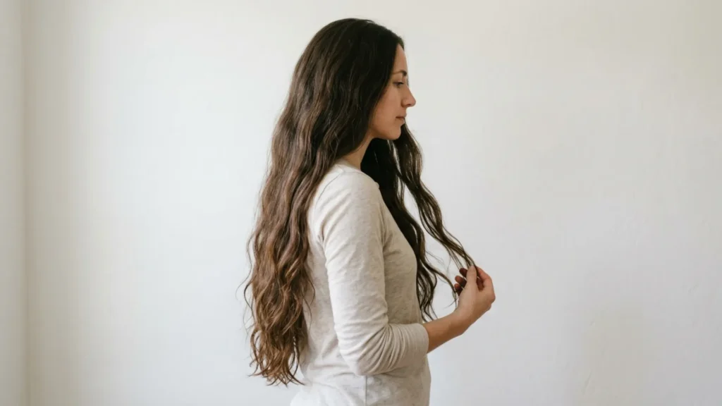 Woman in side profile showing long healthy hair length from root to tip