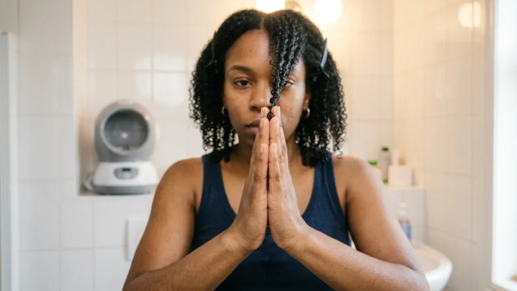 Woman with natural 4A curls applying lightweight leave-in spray using prayer-hands technique on wash day
