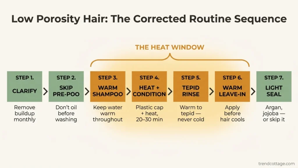 Hair care routine for low porosity hair — 7-step corrected sequence infographic showing the heat window