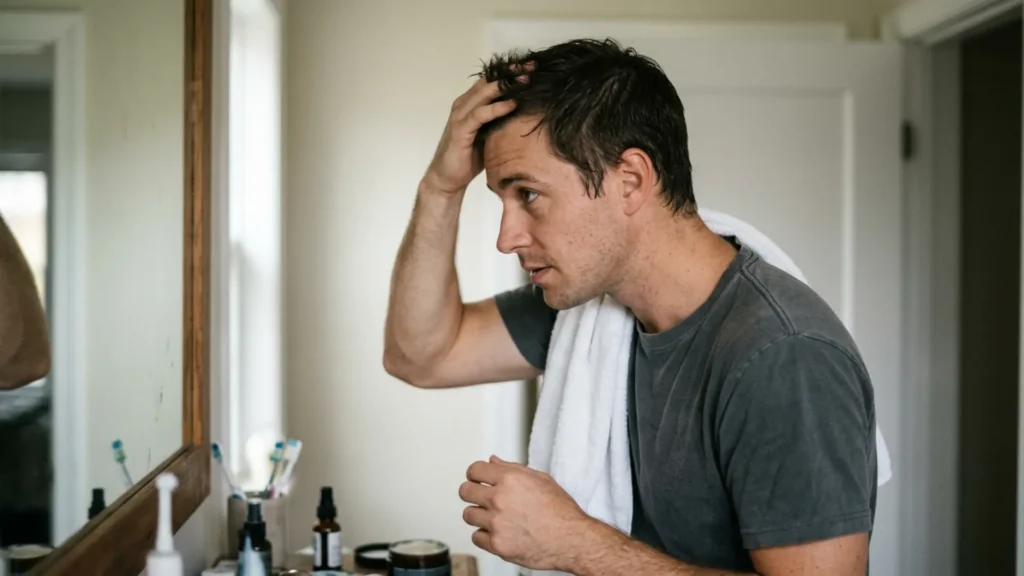 Man working clay or paste through damp hair in front of a mirror