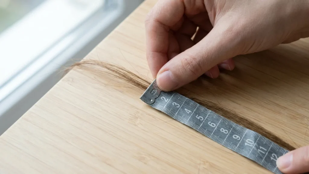 Close-up of a soft tape measure held against a section of hair