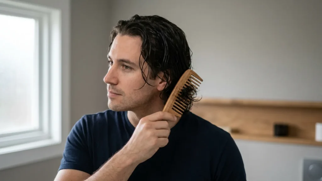 Man gently detangling medium-length damp hair with a wide-tooth comb