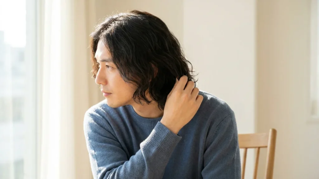 Man with longer, fuller dark hair sitting by a bright window in natural daylight