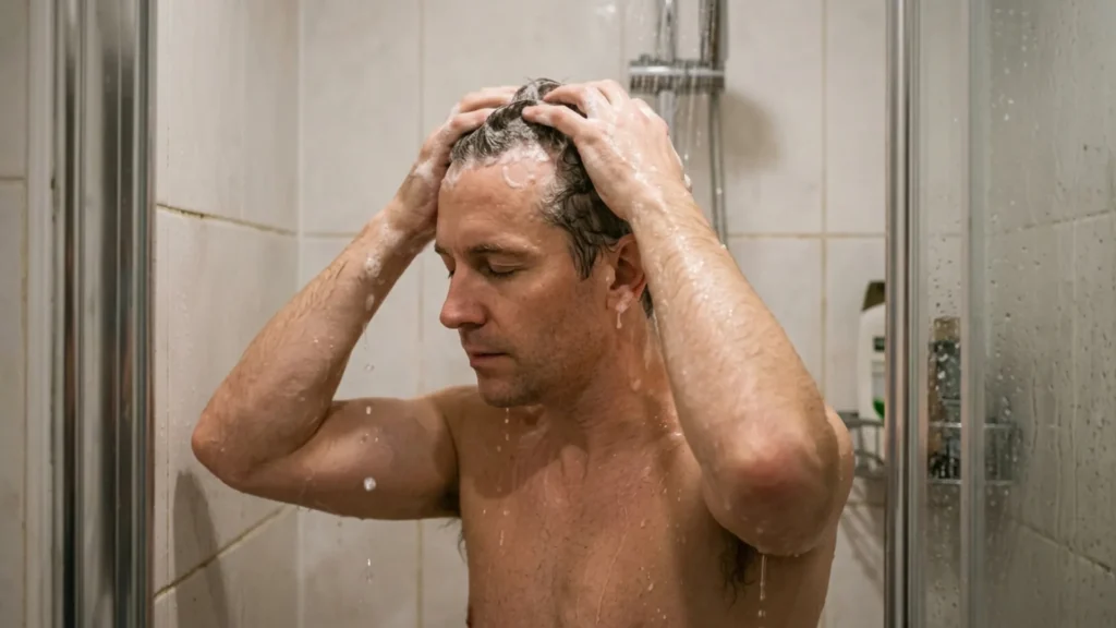 Man massaging shampoo into his scalp with fingertips in the shower