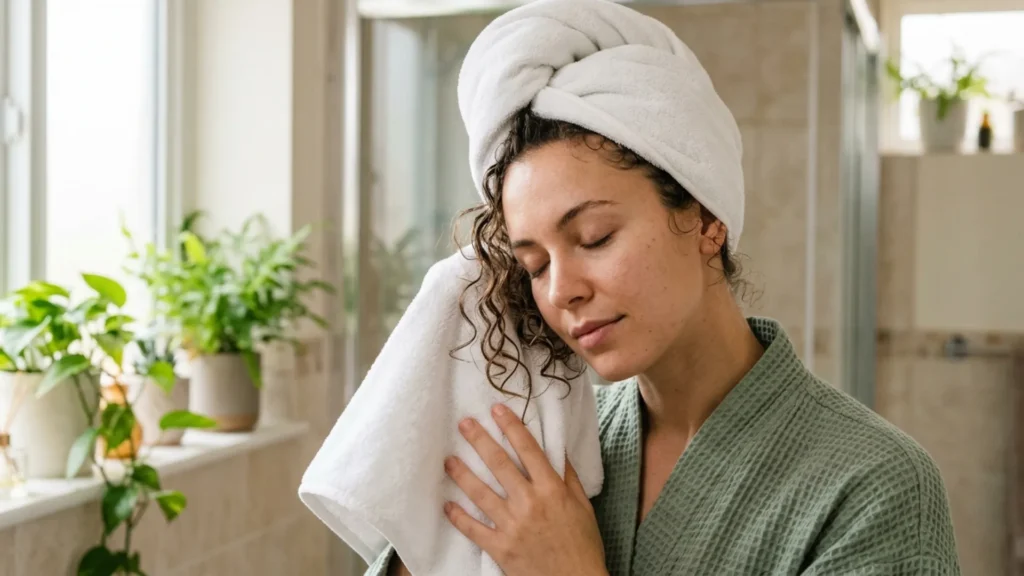 Woman gently drying curly hair with a microfiber towel