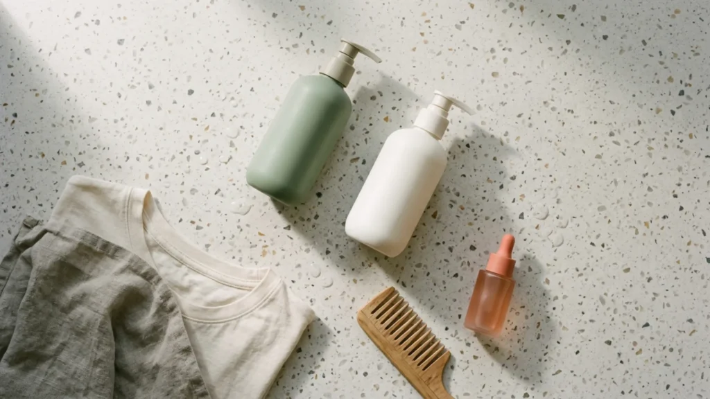 Overhead view of a shampoo, conditioner, small oil bottle and wide-tooth comb on a stone counter