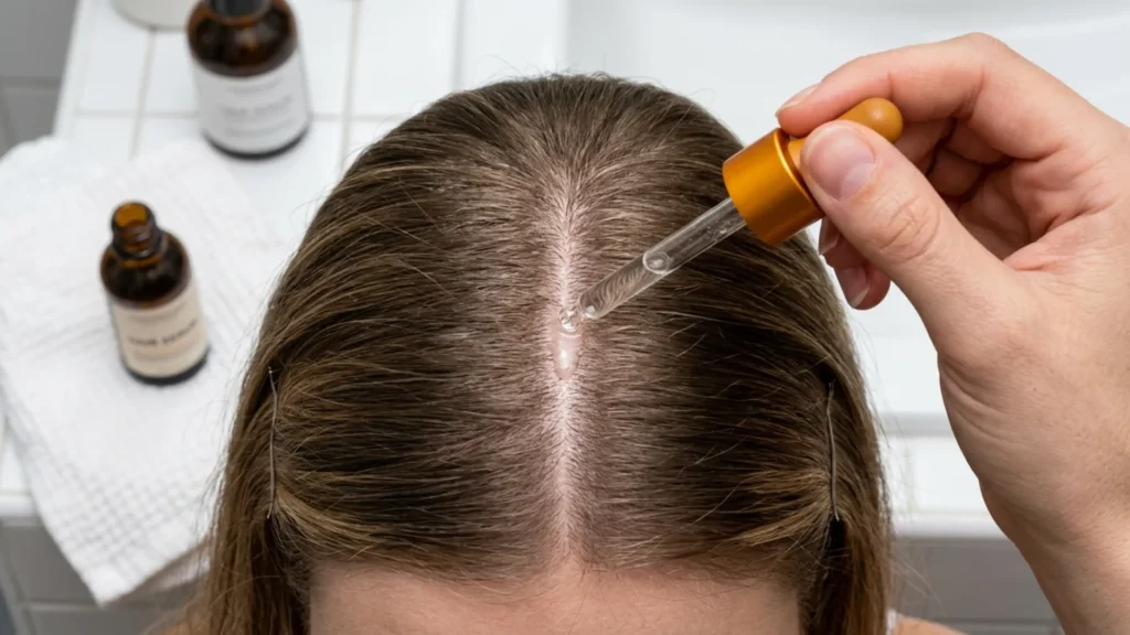 Close-up of a scalp treatment being applied along a hair part