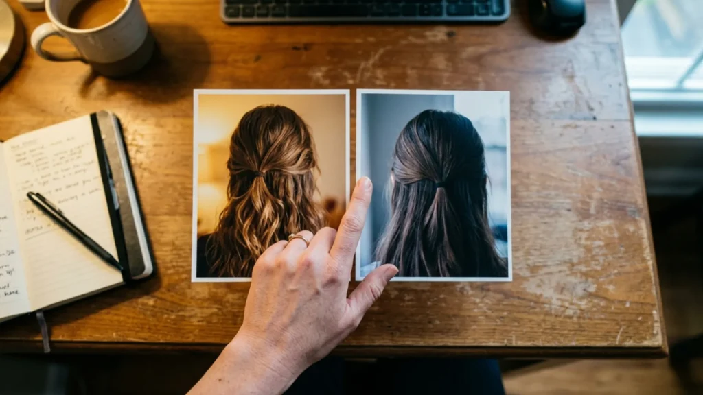 Two hair photos side by side showing different lighting