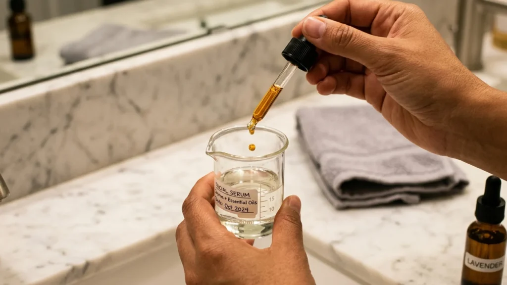 Hands adding essential oil drops into a glass beaker for a DIY hair recipe