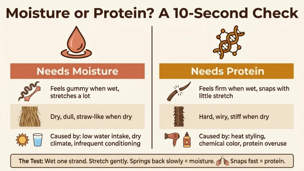 Chart comparing signs of moisture need versus protein need in hair