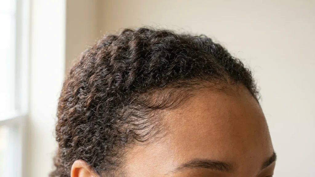 Close-up of healthy natural hair edges and defined hairline coils with no visible thinning or breakage