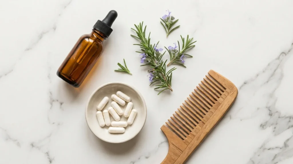 Flat lay of rosemary oil, castor oil, biotin, and a wooden comb