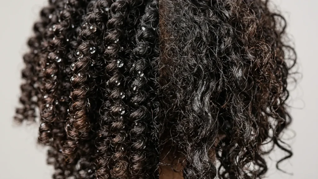 Macro close-up of natural hair coils showing low and high porosity side by side with water droplets