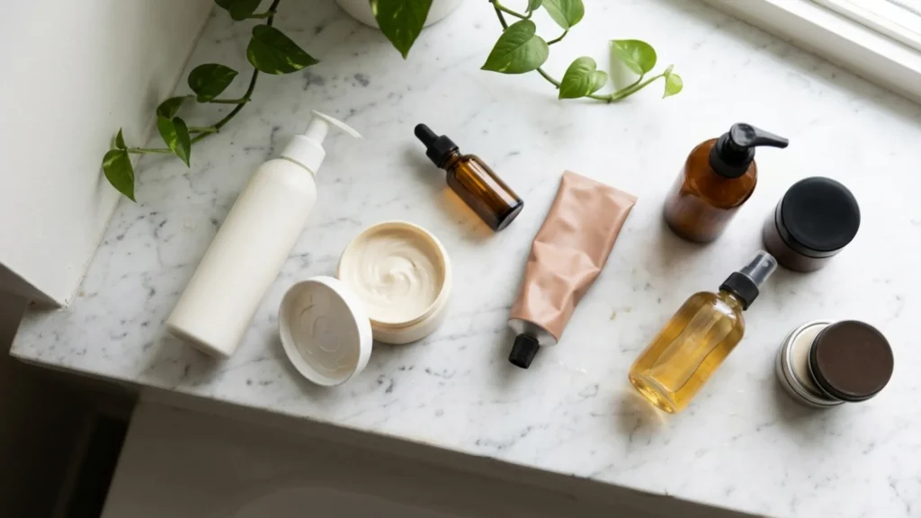 Assorted natural hair care products on a marble bathroom shelf, one jar open and tipped