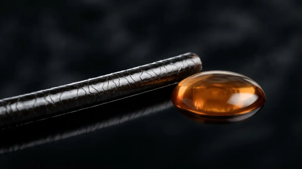 Macro shot of a hair strand beside oil, showing a sealed, smooth cuticle