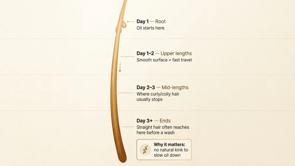 Diagram showing how oil travels down straight hair strands over several days