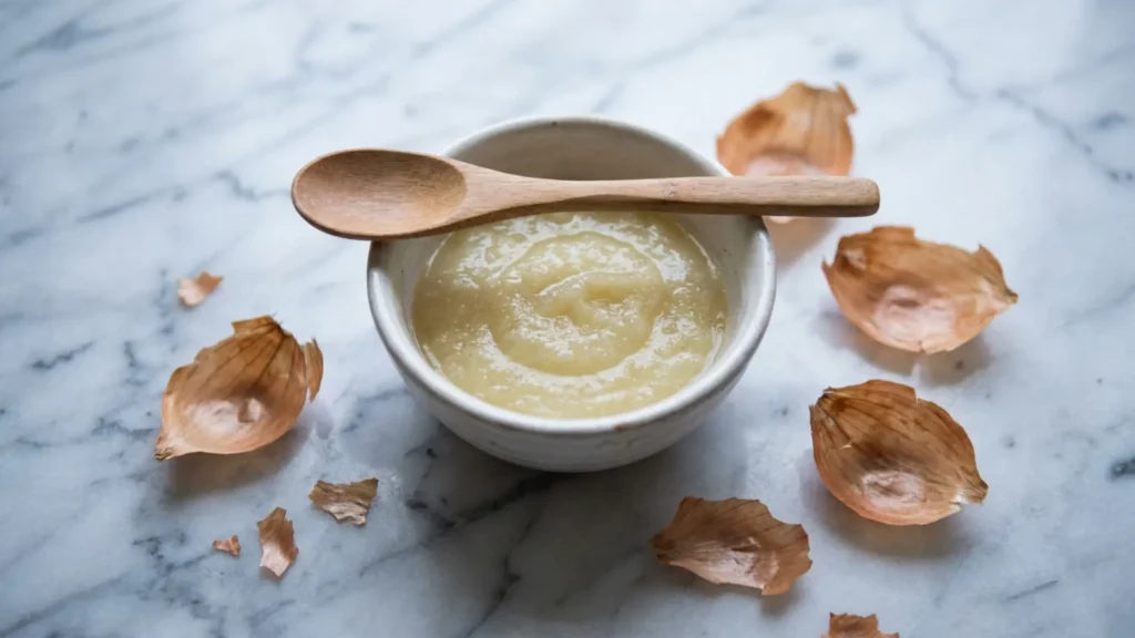 Onion juice and honey mask for stalled hair growth in a small bowl
