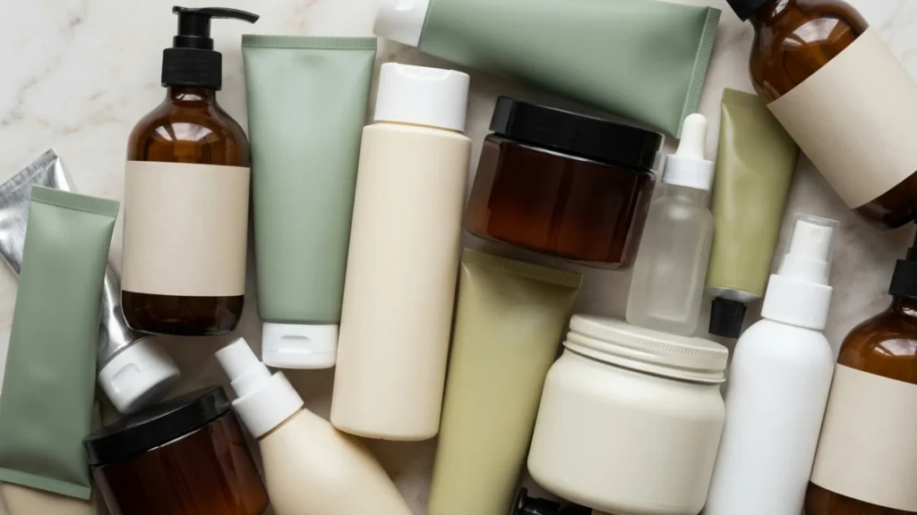 Overhead flatlay of too many hair care products packed together on a surface